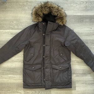 Men's Dark Grey Black Parka with Faux Fur Hood